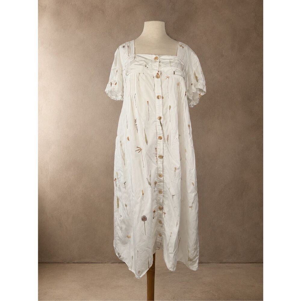 Sancia Sz M Anthropologie Alaia Pleated Midi Dress White Botanical Tencel Button